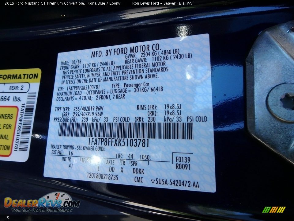 Ford Color Code L6 Kona Blue