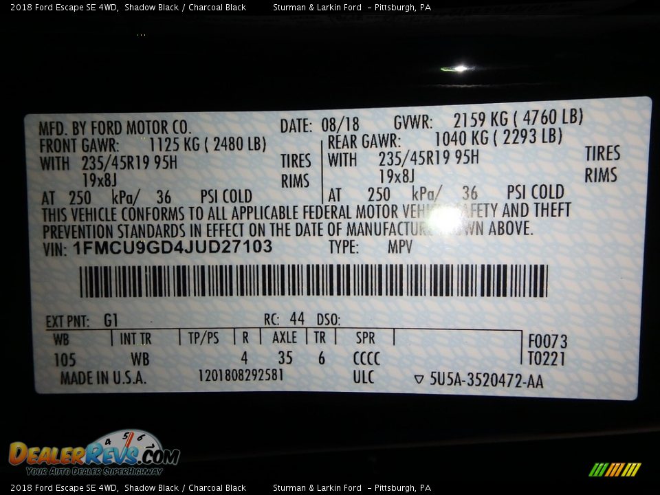 2018 Ford Escape SE 4WD Shadow Black / Charcoal Black Photo #10