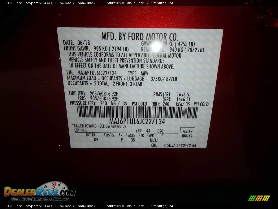 2018 Ford EcoSport SE 4WD Ruby Red / Ebony Black Photo #10