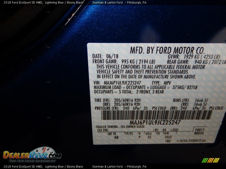 2018 Ford EcoSport SE 4WD Lightning Blue / Ebony Black Photo #11