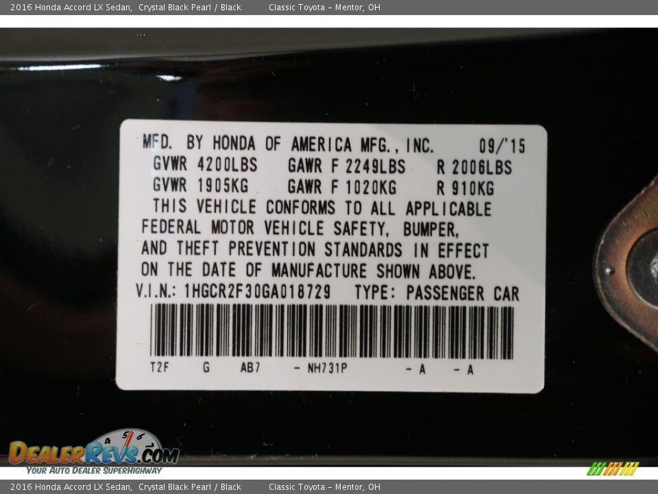 2016 Honda Accord LX Sedan Crystal Black Pearl / Black Photo #19