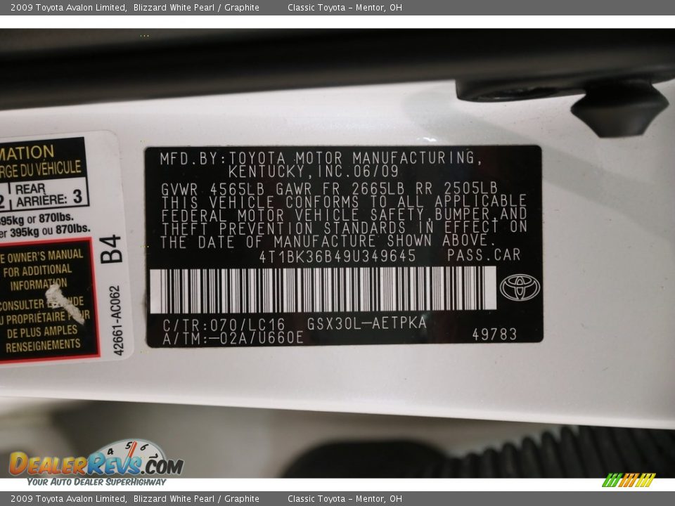 2009 Toyota Avalon Limited Blizzard White Pearl / Graphite Photo #21