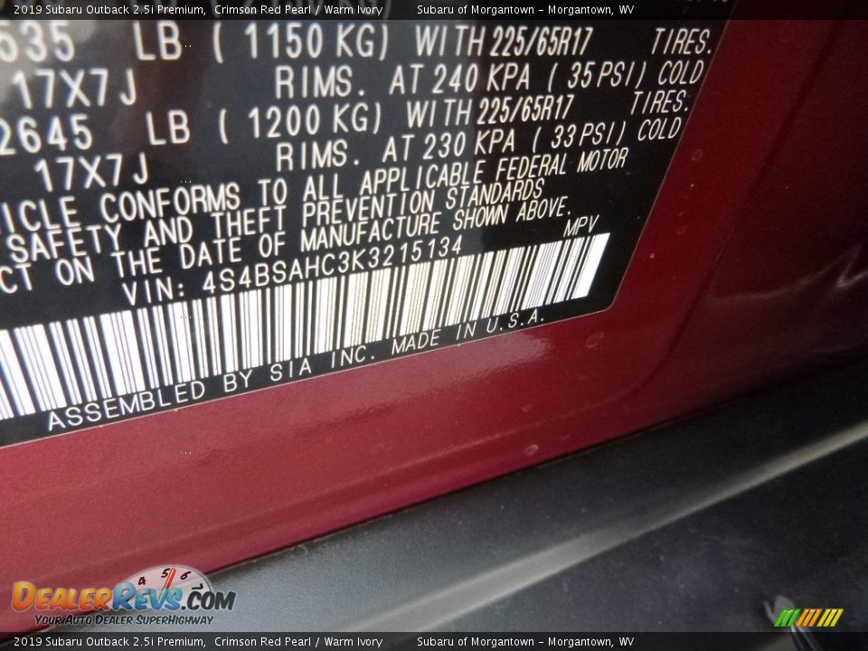 2019 Subaru Outback 2.5i Premium Crimson Red Pearl / Warm Ivory Photo #15