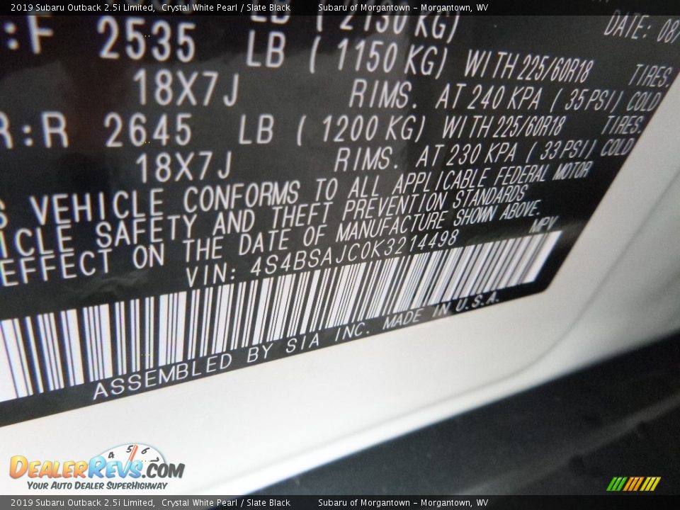 2019 Subaru Outback 2.5i Limited Crystal White Pearl / Slate Black Photo #15