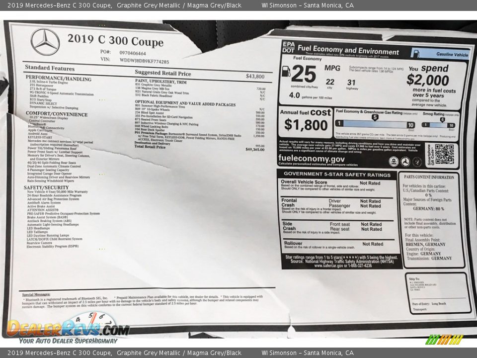 2019 Mercedes-Benz C 300 Coupe Window Sticker Photo #10