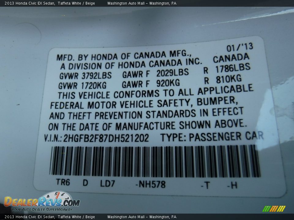 2013 Honda Civic EX Sedan Taffeta White / Beige Photo #19