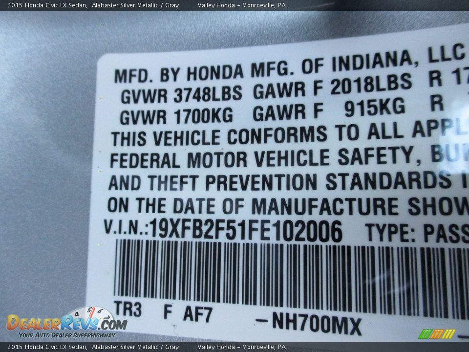 2015 Honda Civic LX Sedan Alabaster Silver Metallic / Gray Photo #19