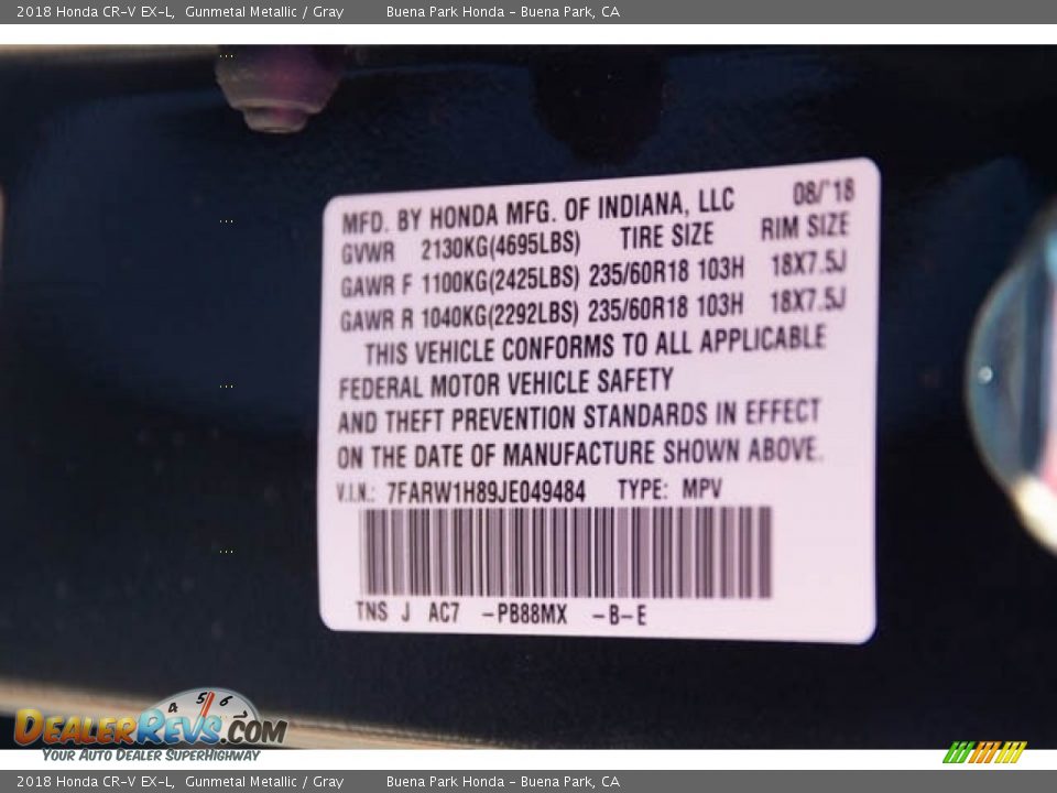 2018 Honda CR-V EX-L Gunmetal Metallic / Gray Photo #36
