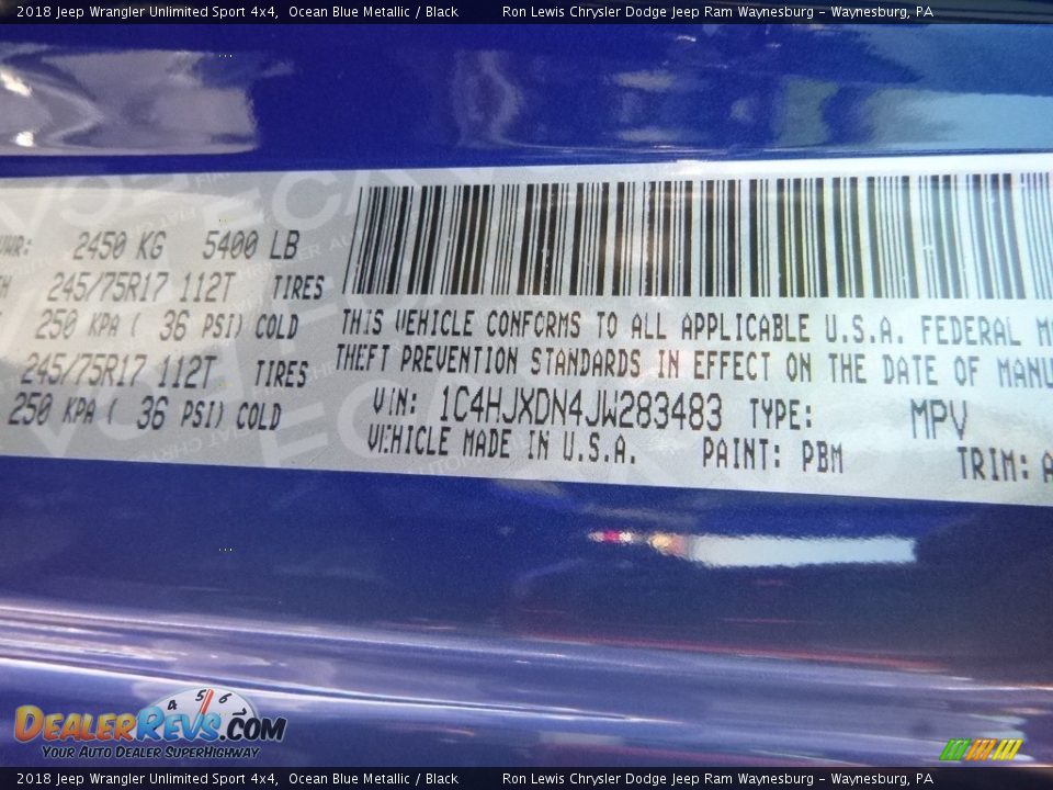 2018 Jeep Wrangler Unlimited Sport 4x4 Ocean Blue Metallic / Black Photo #16