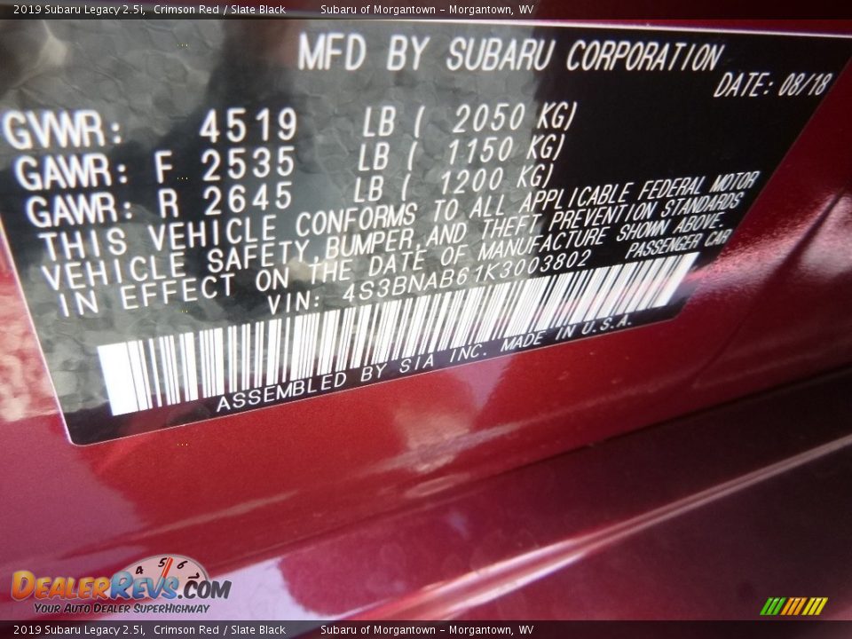 2019 Subaru Legacy 2.5i Crimson Red / Slate Black Photo #15