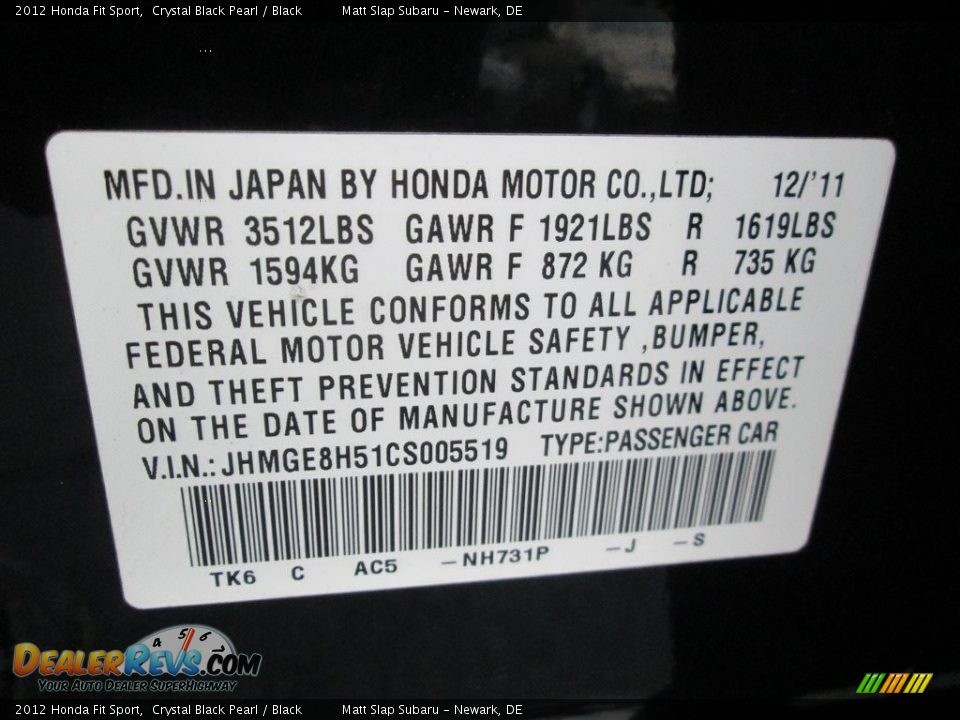 2012 Honda Fit Sport Crystal Black Pearl / Black Photo #29