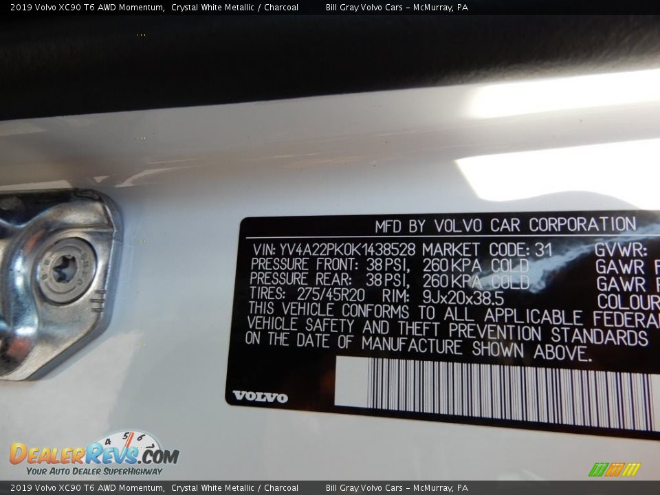 2019 Volvo XC90 T6 AWD Momentum Crystal White Metallic / Charcoal Photo #11