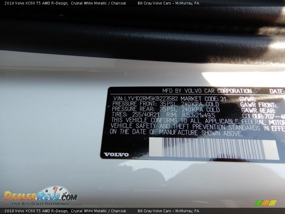 2019 Volvo XC60 T5 AWD R-Design Crystal White Metallic / Charcoal Photo #11