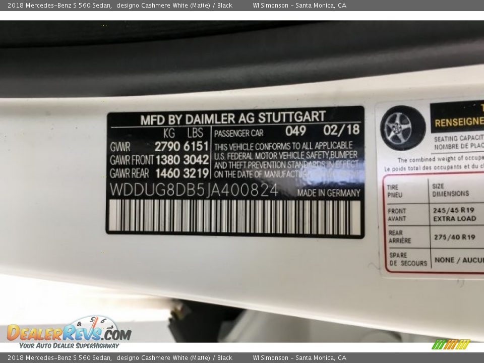 2018 Mercedes-Benz S 560 Sedan designo Cashmere White (Matte) / Black Photo #10