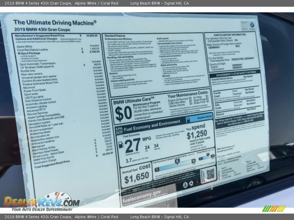 2019 BMW 4 Series 430i Gran Coupe Alpine White / Coral Red Photo #10