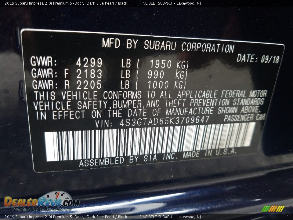 2019 Subaru Impreza 2.0i Premium 5-Door Dark Blue Pearl / Black Photo #9
