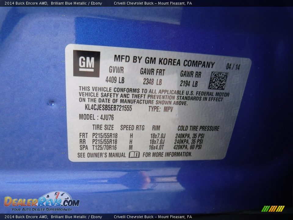 2014 Buick Encore AWD Brilliant Blue Metallic / Ebony Photo #34