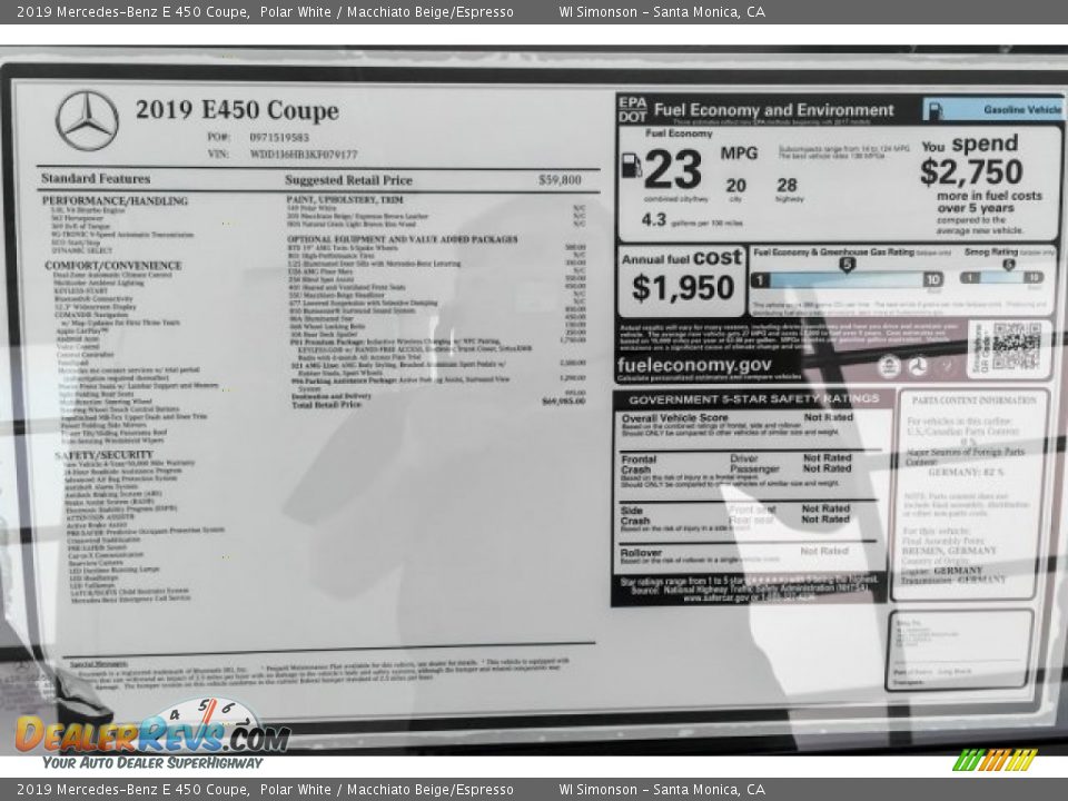 2019 Mercedes-Benz E 450 Coupe Window Sticker Photo #10