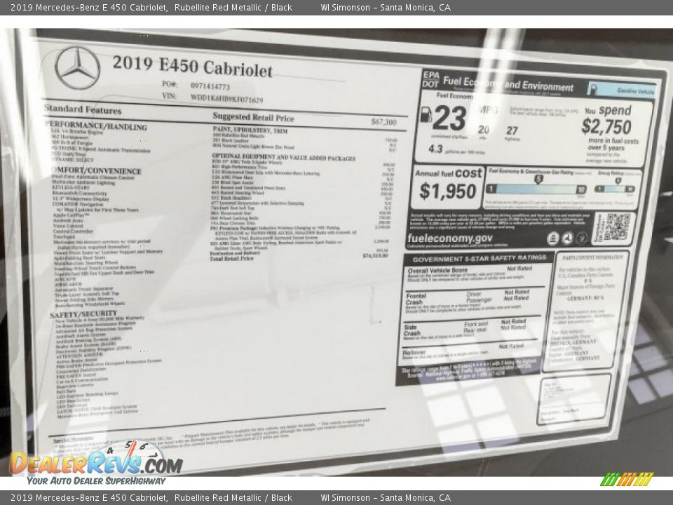 2019 Mercedes-Benz E 450 Cabriolet Window Sticker Photo #11