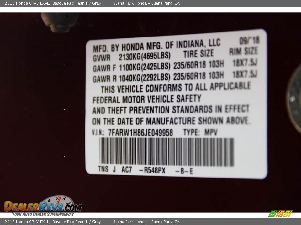 2018 Honda CR-V EX-L Basque Red Pearl II / Gray Photo #28