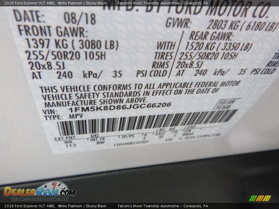2018 Ford Explorer XLT 4WD White Platinum / Ebony Black Photo #13