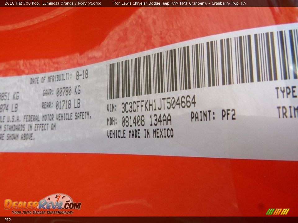 Fiat Color Code PF2 Luminosa Orange