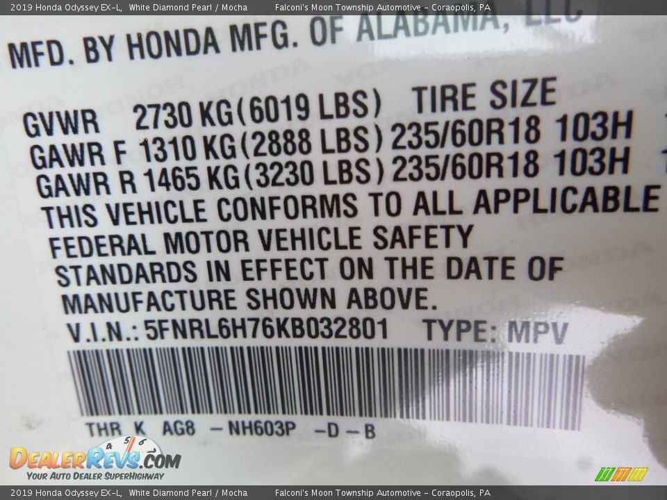 2019 Honda Odyssey EX-L White Diamond Pearl / Mocha Photo #12