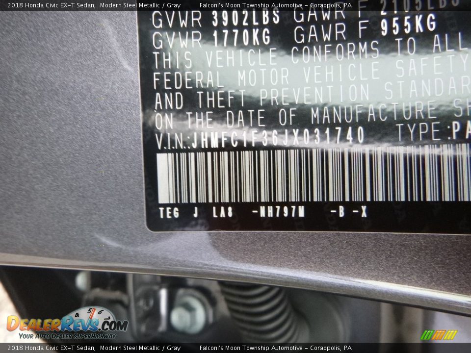 2018 Honda Civic EX-T Sedan Modern Steel Metallic / Gray Photo #12