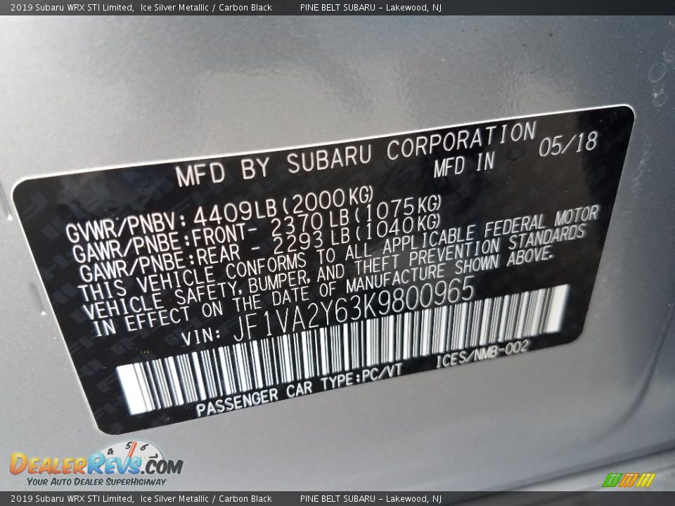 2019 Subaru WRX STI Limited Ice Silver Metallic / Carbon Black Photo #10