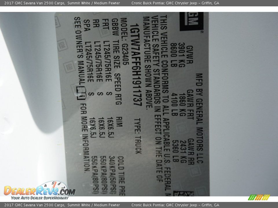 2017 GMC Savana Van 2500 Cargo Summit White / Medium Pewter Photo #15