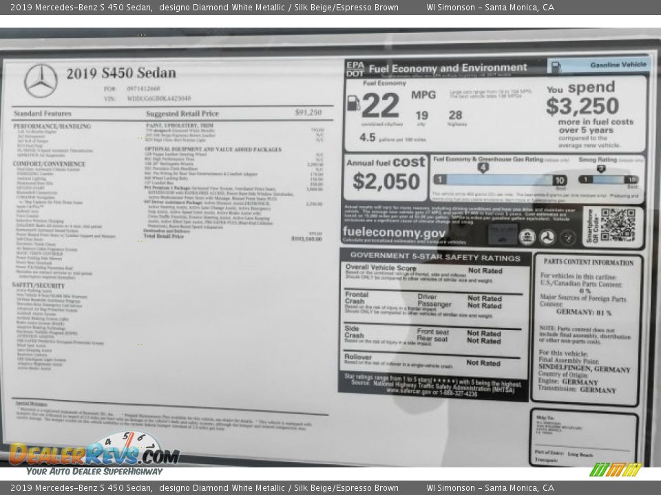 2019 Mercedes-Benz S 450 Sedan Window Sticker Photo #10