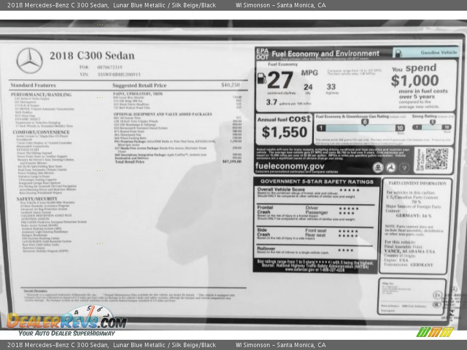 2018 Mercedes-Benz C 300 Sedan Lunar Blue Metallic / Silk Beige/Black Photo #10