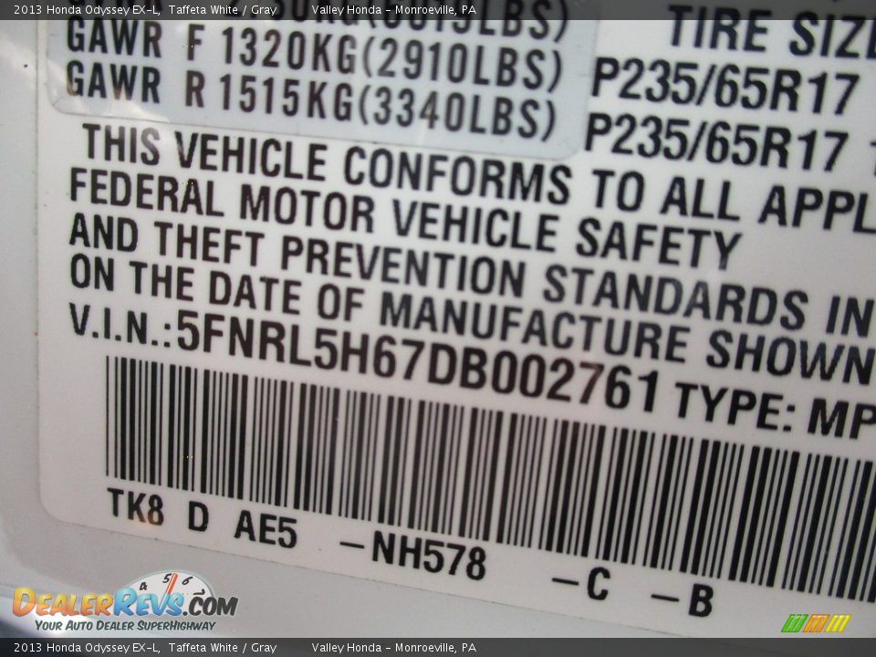 2013 Honda Odyssey EX-L Taffeta White / Gray Photo #19