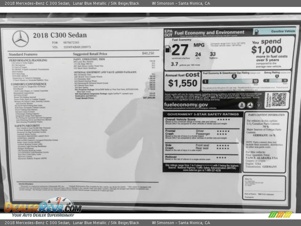 2018 Mercedes-Benz C 300 Sedan Lunar Blue Metallic / Silk Beige/Black Photo #10