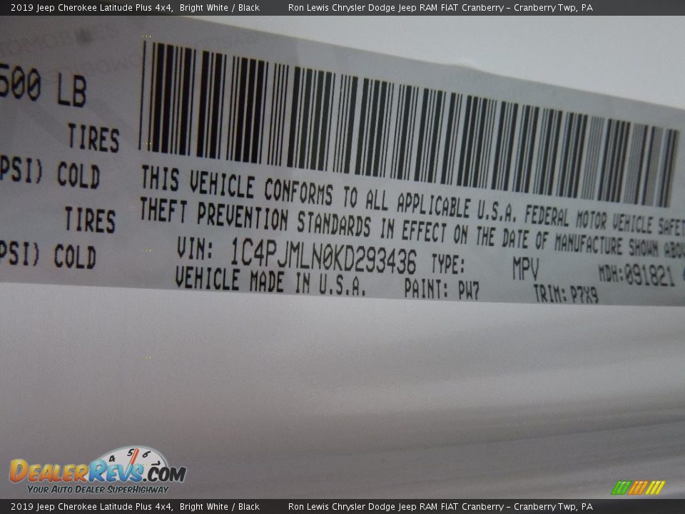 2019 Jeep Cherokee Latitude Plus 4x4 Bright White / Black Photo #15