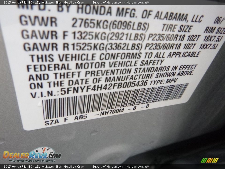 2015 Honda Pilot EX 4WD Alabaster Silver Metallic / Gray Photo #16