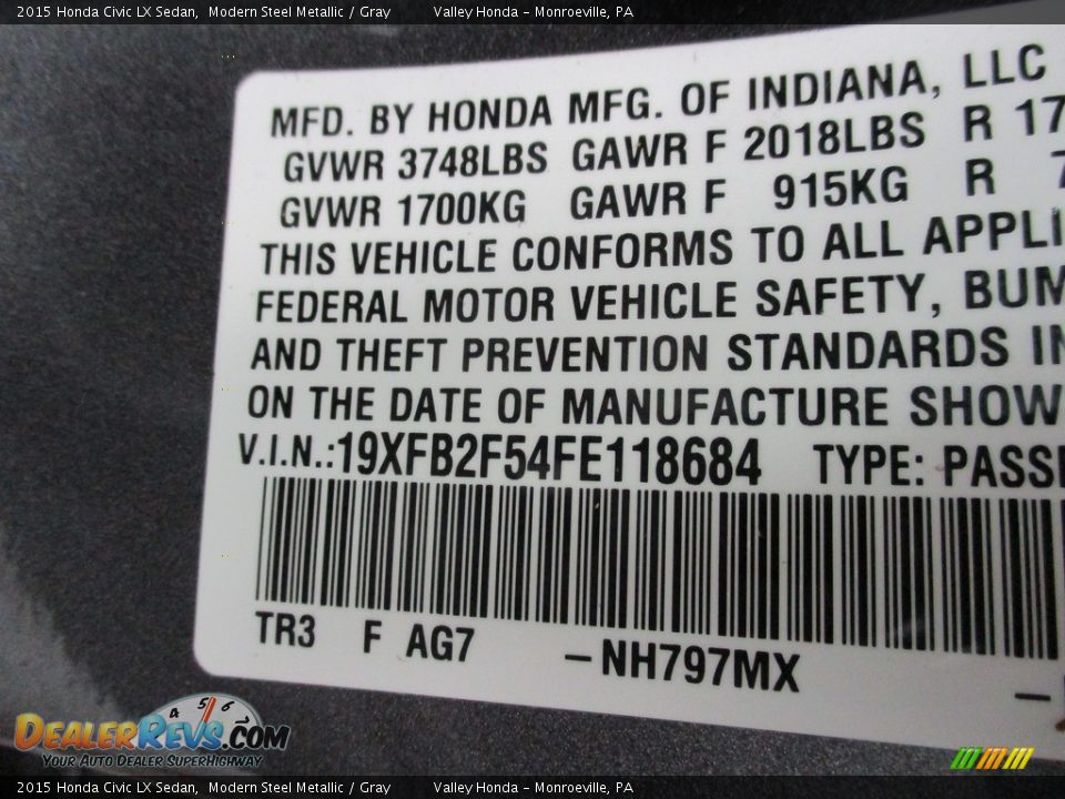 2015 Honda Civic LX Sedan Modern Steel Metallic / Gray Photo #19