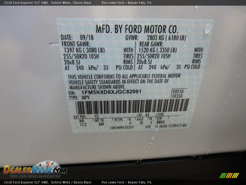 2018 Ford Explorer XLT 4WD Oxford White / Ebony Black Photo #15