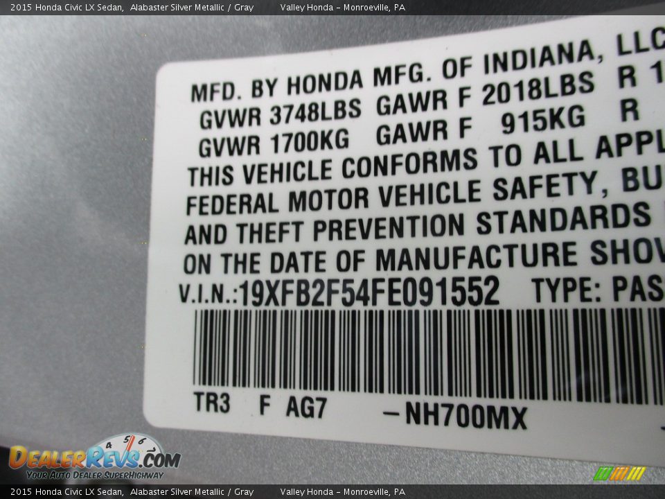 2015 Honda Civic LX Sedan Alabaster Silver Metallic / Gray Photo #19