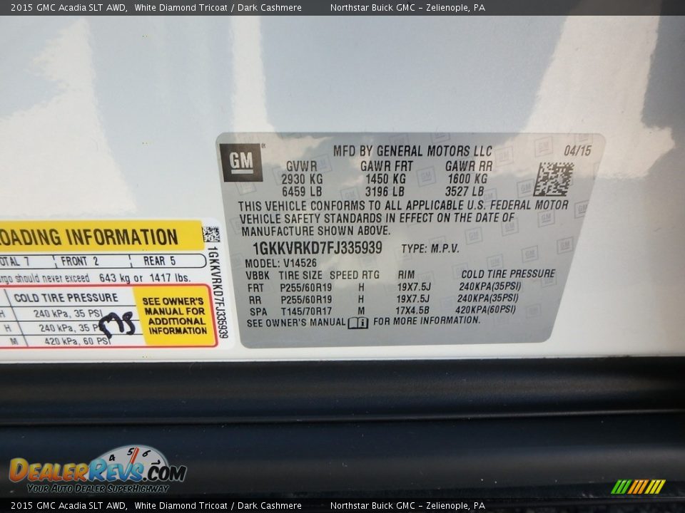 2015 GMC Acadia SLT AWD White Diamond Tricoat / Dark Cashmere Photo #22