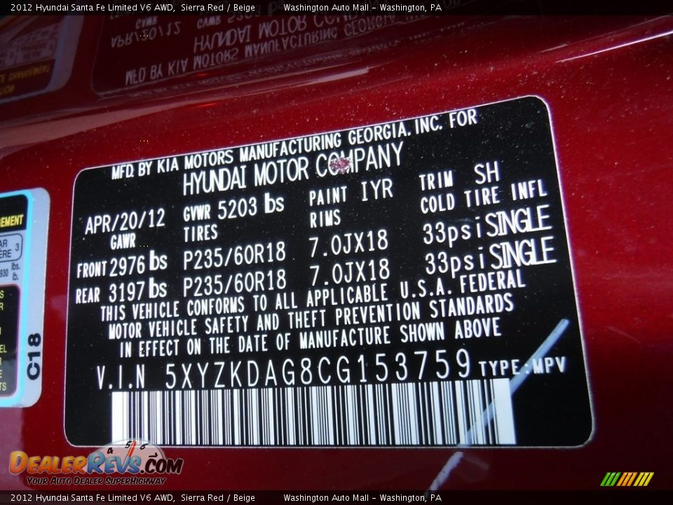 2012 Hyundai Santa Fe Limited V6 AWD Sierra Red / Beige Photo #26