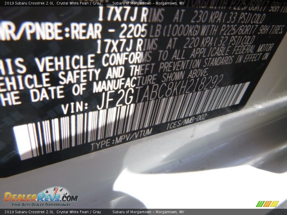 2019 Subaru Crosstrek 2.0i Crystal White Pearl / Gray Photo #15