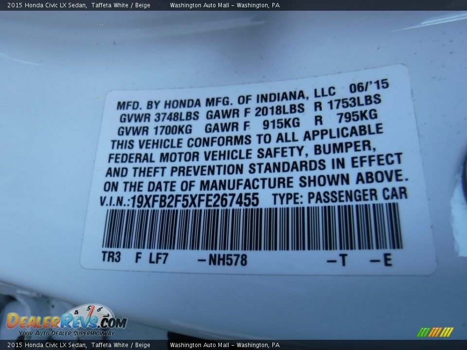 2015 Honda Civic LX Sedan Taffeta White / Beige Photo #24