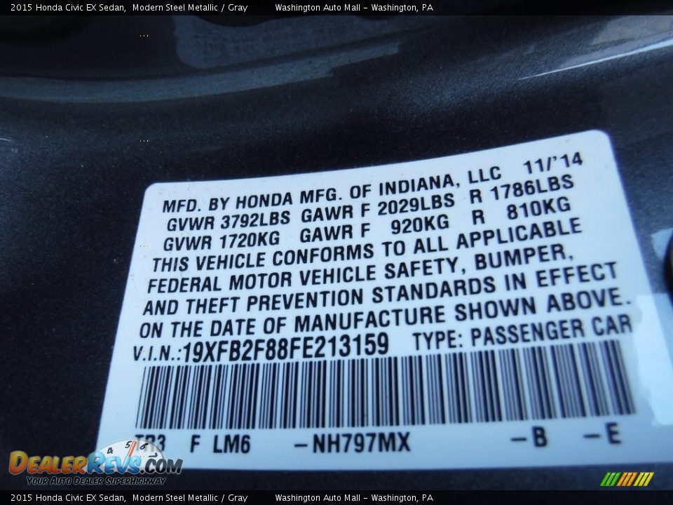 2015 Honda Civic EX Sedan Modern Steel Metallic / Gray Photo #24