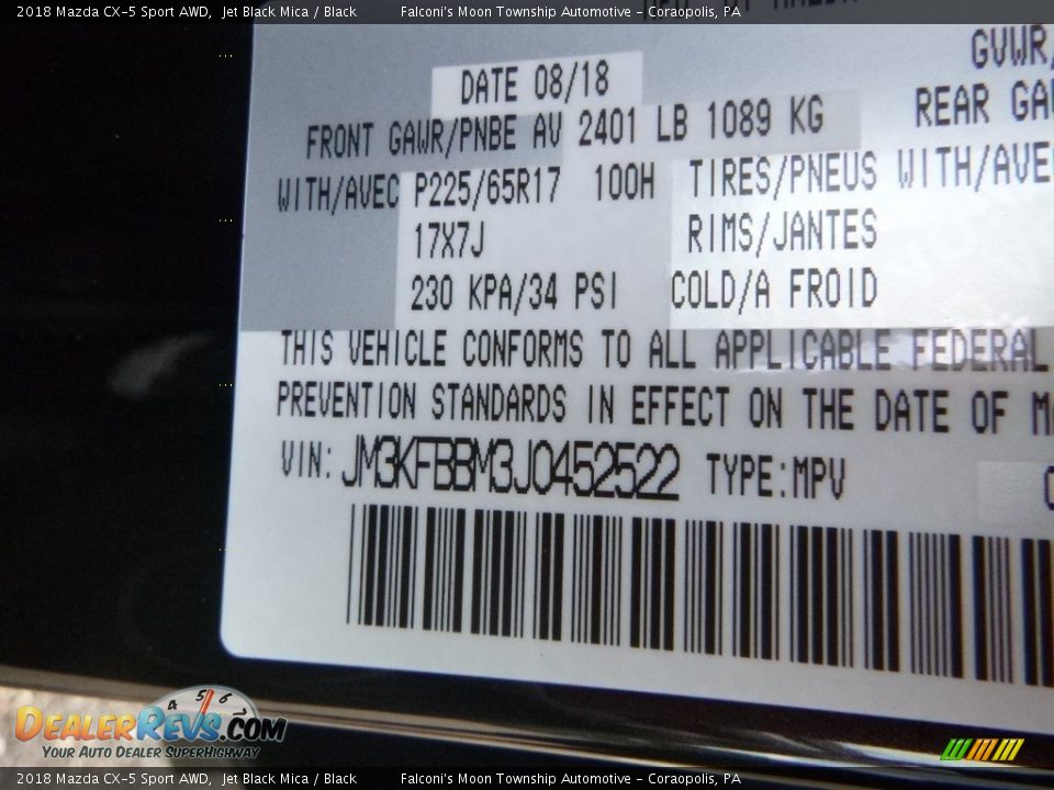 2018 Mazda CX-5 Sport AWD Jet Black Mica / Black Photo #12