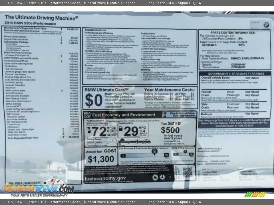 2019 BMW 5 Series 530e iPerformance Sedan Window Sticker Photo #10