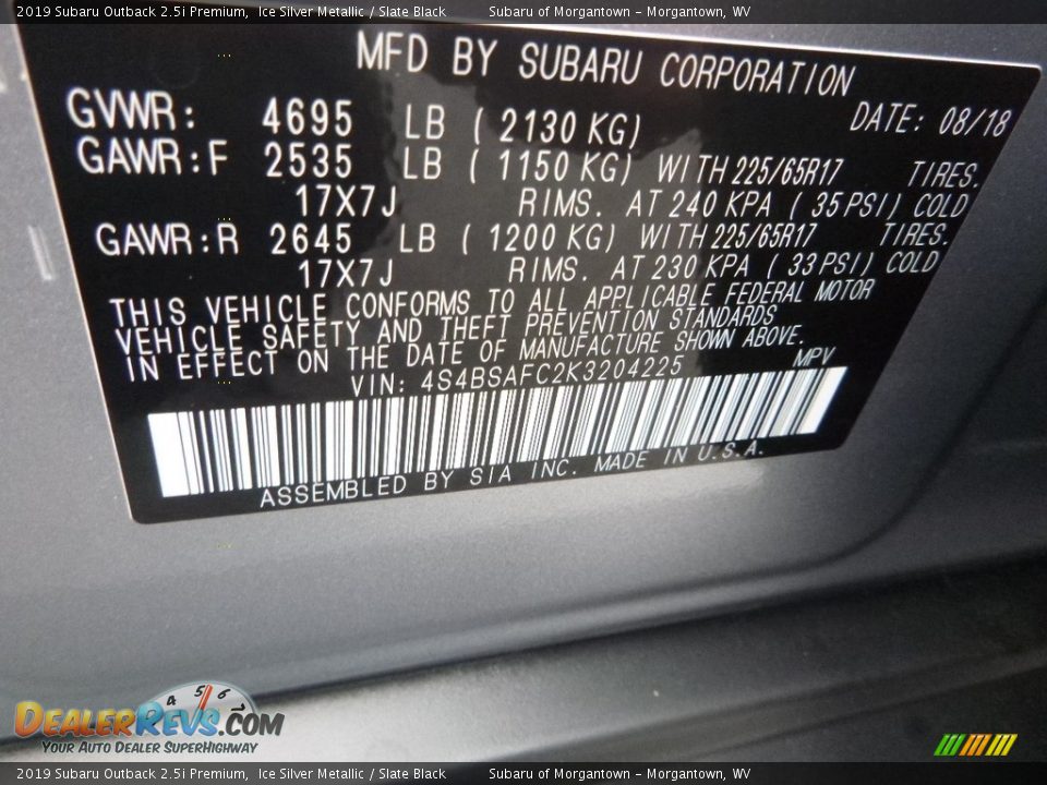 2019 Subaru Outback 2.5i Premium Ice Silver Metallic / Slate Black Photo #15