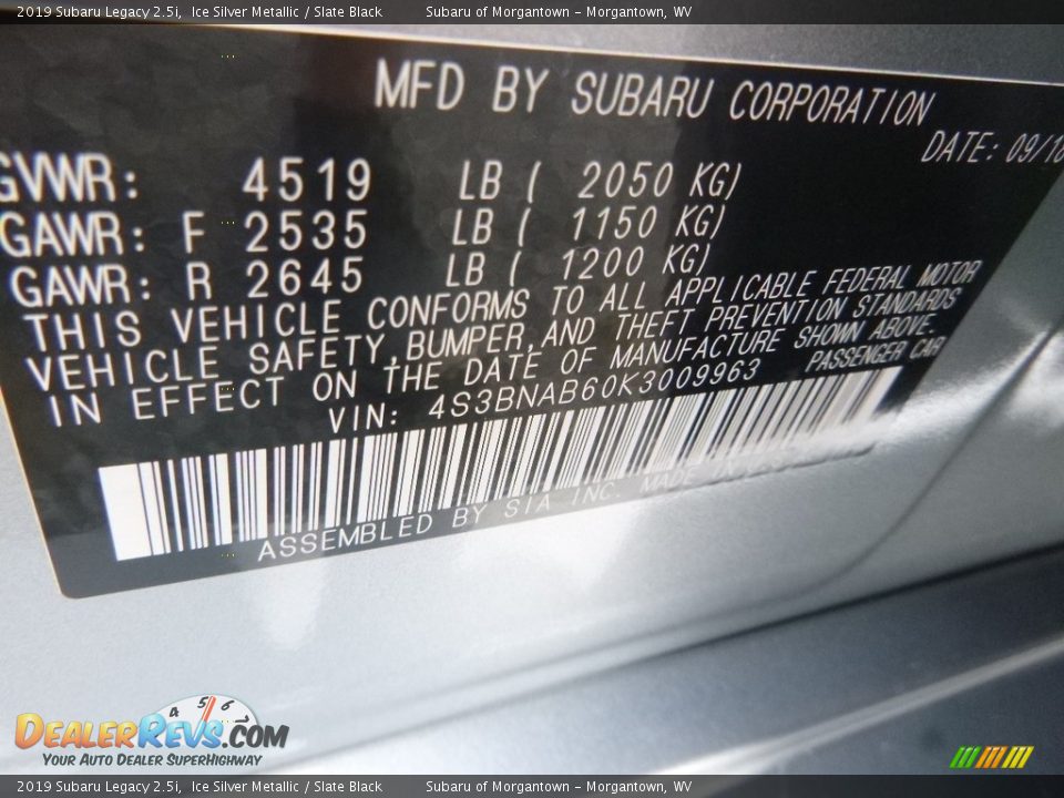 2019 Subaru Legacy 2.5i Ice Silver Metallic / Slate Black Photo #16