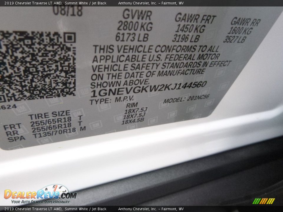 2019 Chevrolet Traverse LT AWD Summit White / Jet Black Photo #16