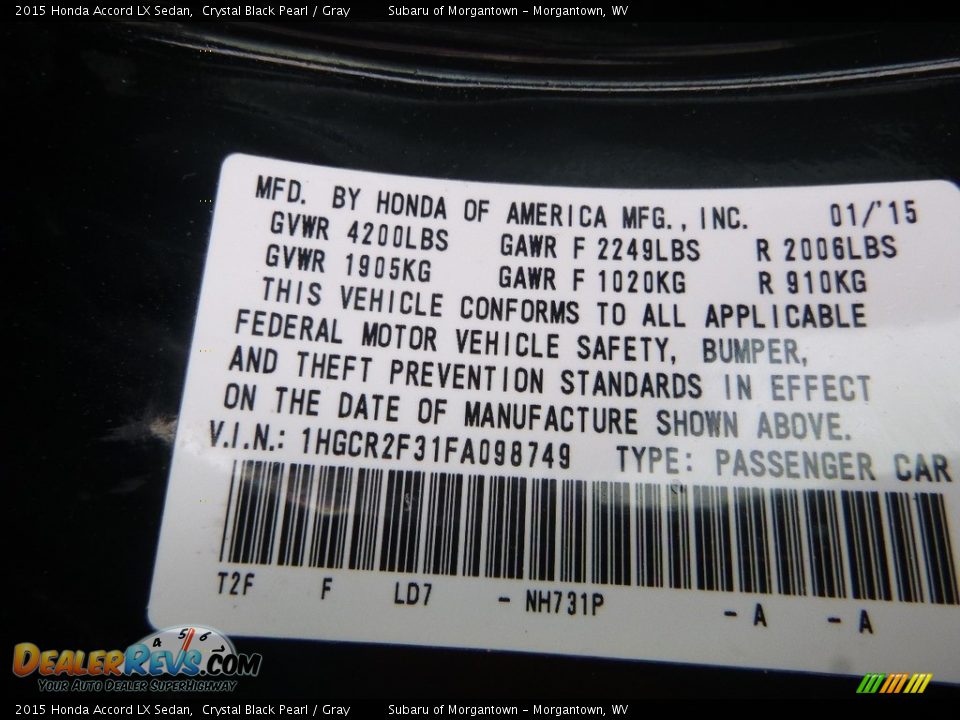 2015 Honda Accord LX Sedan Crystal Black Pearl / Gray Photo #14
